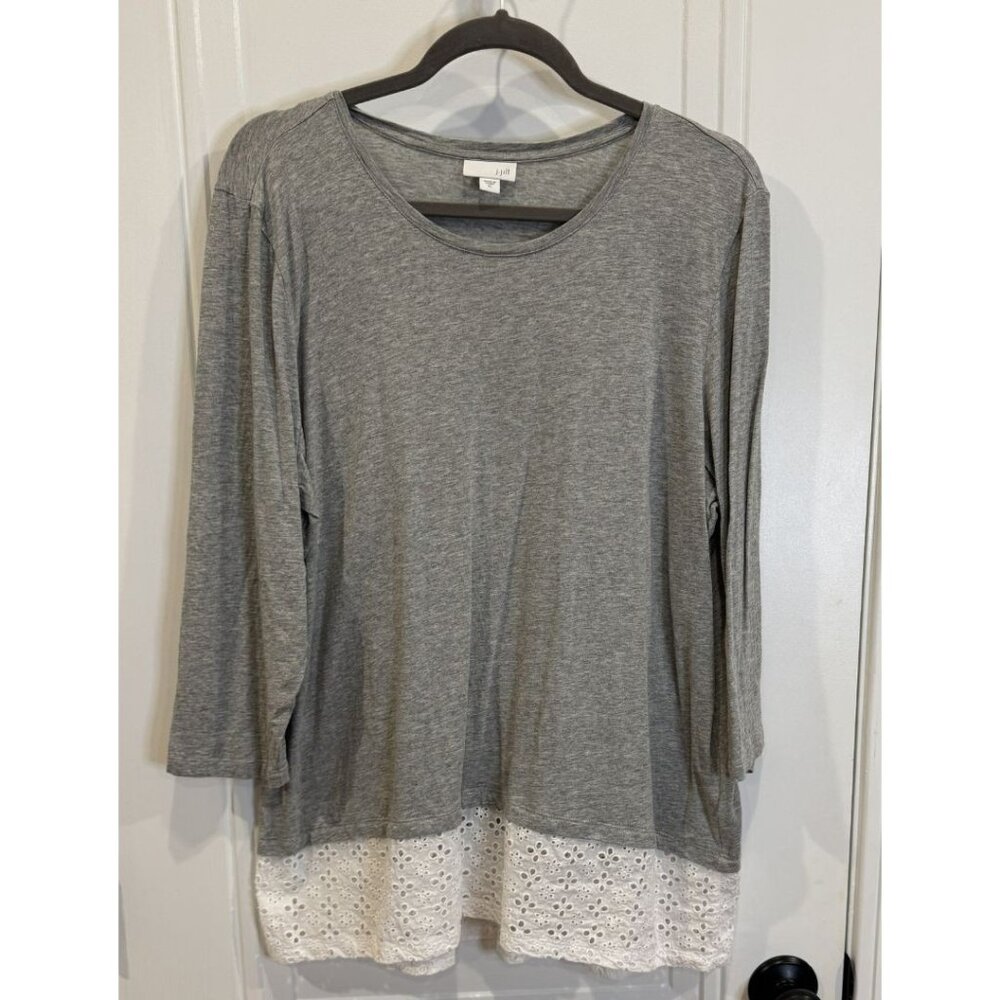 J. Jill XL Gray Long-Sleeve Tunic Top with White Eyelet Lace Hem EUC Casual